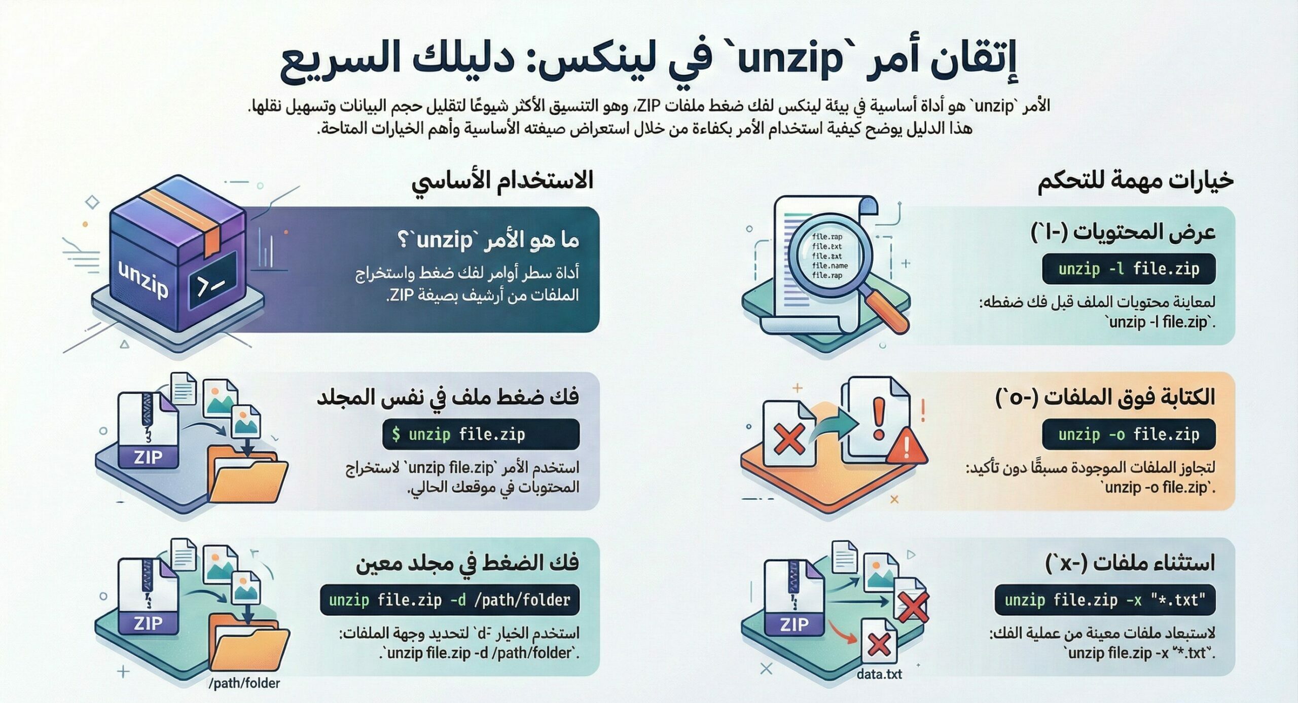 شرح أمر unzip في لينيكس وطرق استخدامه